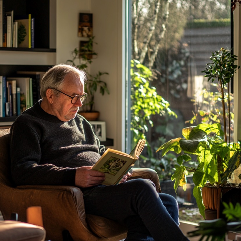 Een oudere man is een boek aan het lezen in zijn stoel.