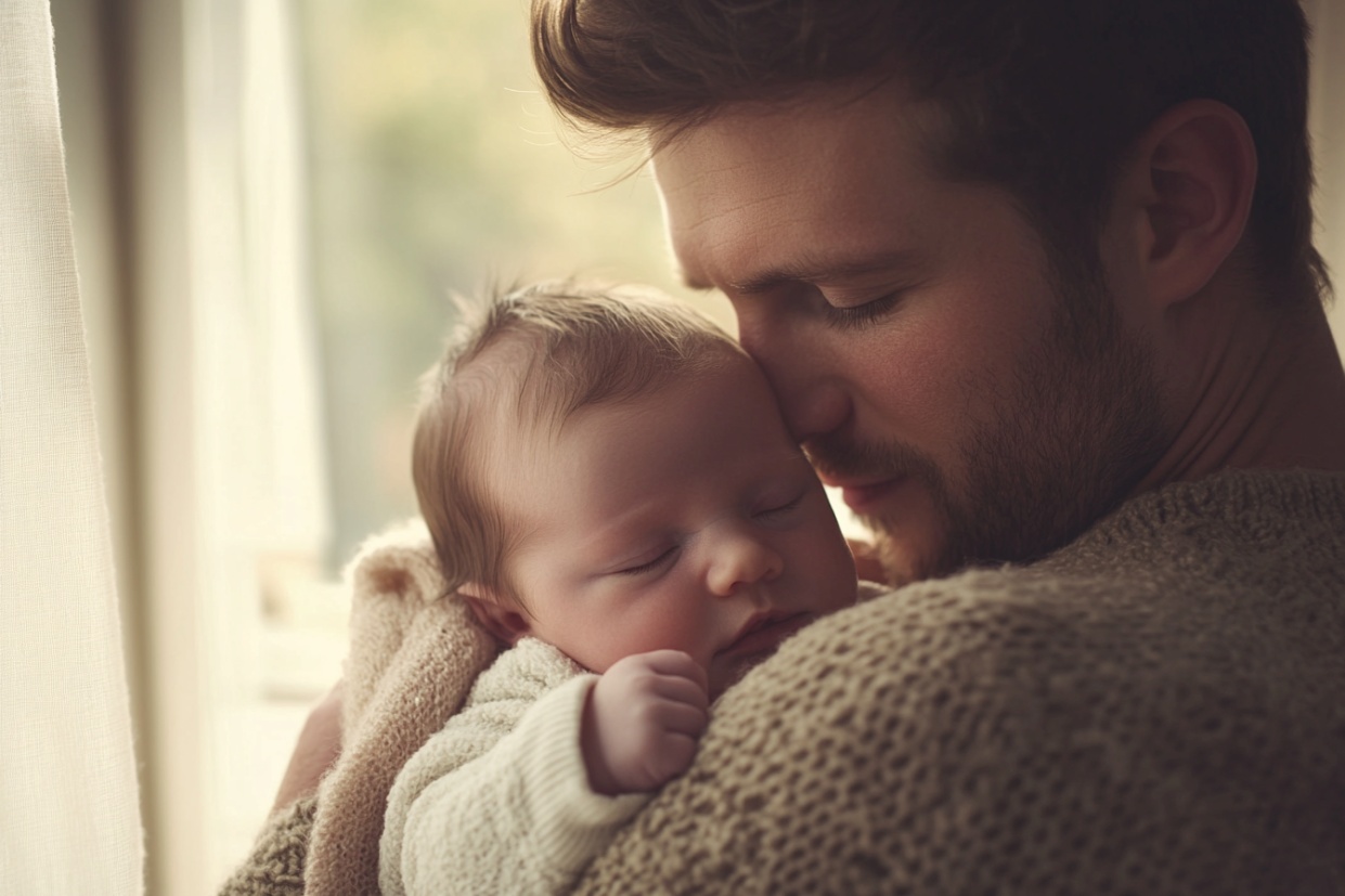 Een man houdt zijn jonge baby vast.